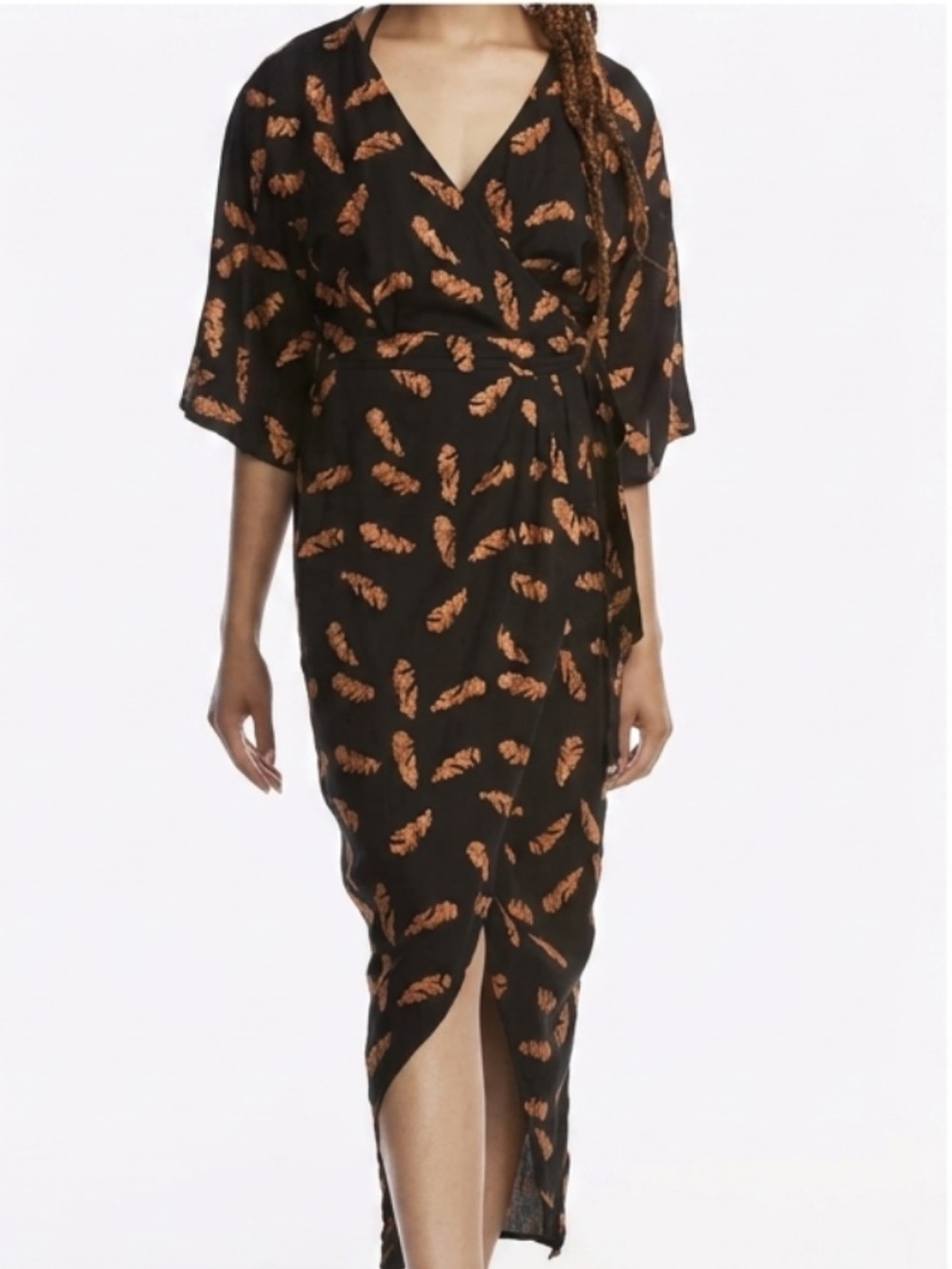 Symbology black and gold feather print kimono style wrap dress size XS